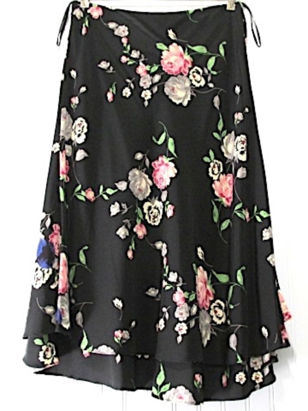 Ralph Lauren Black Floral Silk Full Tiered Midi Skirt, Size 12 - Picture 2 of 8
